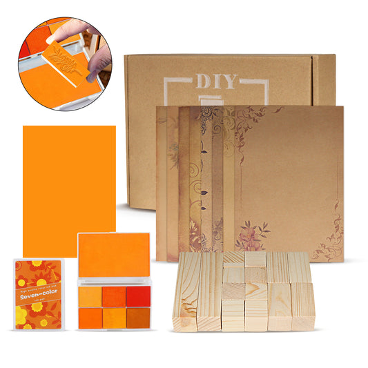 Creality Falcon's Wooden Rubber Stamp Set includes cardboard sheets with floral designs, wooden blocks, and orange ink pads. A close-up shows a hand using the DIY stamp. The packaging is vibrant and features "DIY.