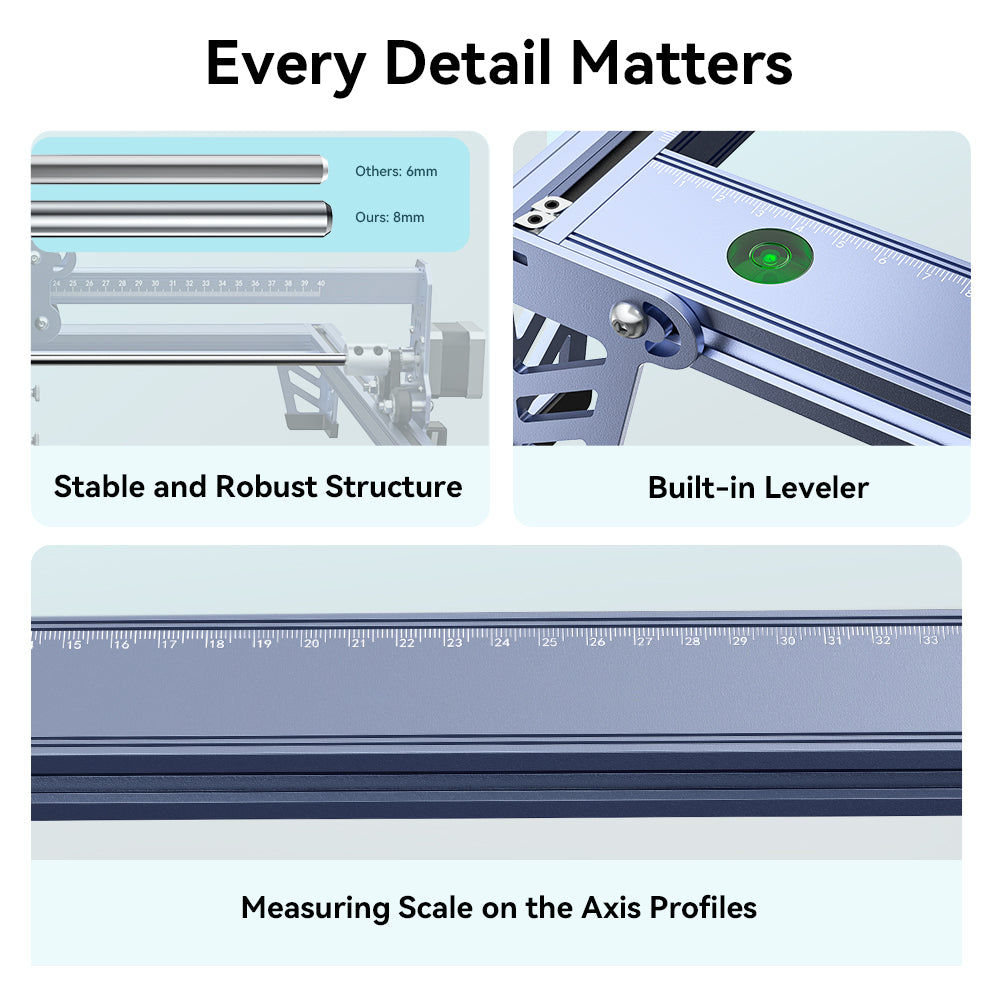 An image with the heading "Every Detail Matters" showcases three features of the CR-Laser Falcon 5W Laser Engraver by CrealityFalcon. The first is "Stable and Robust Structure," highlighting a strong frame. The second is "Built-in Leveler," featuring a level bubble in the frame, and the third is "Measuring Scale on the Axis Profiles," displaying a ruler scale on a metal axis for ultra-fine engraving precision.