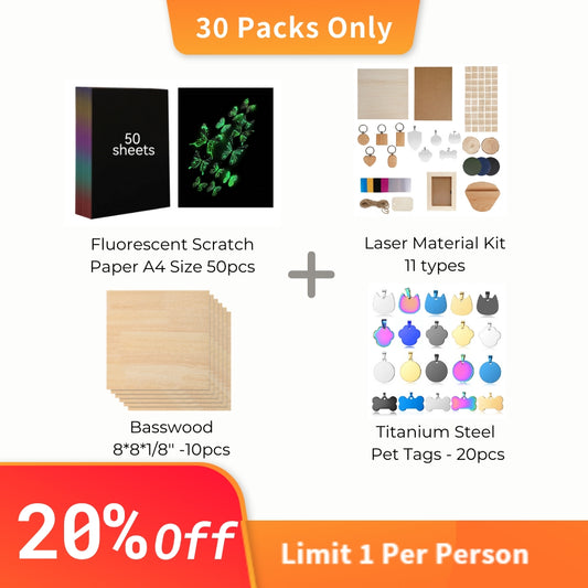 A promotional image from CrealityFalcon showcases a special offer for the Autumn Crafting Package, which includes a 30-pack bundle featuring 50 sheets of A4 fluorescent scratch paper, a laser material kit with 11 types for laser engraving, 10 pieces of 8"x8"x1/8" basswood sheets, and 20 titanium steel pet tags. The banner highlights a 20% discount with a limit of one per person.