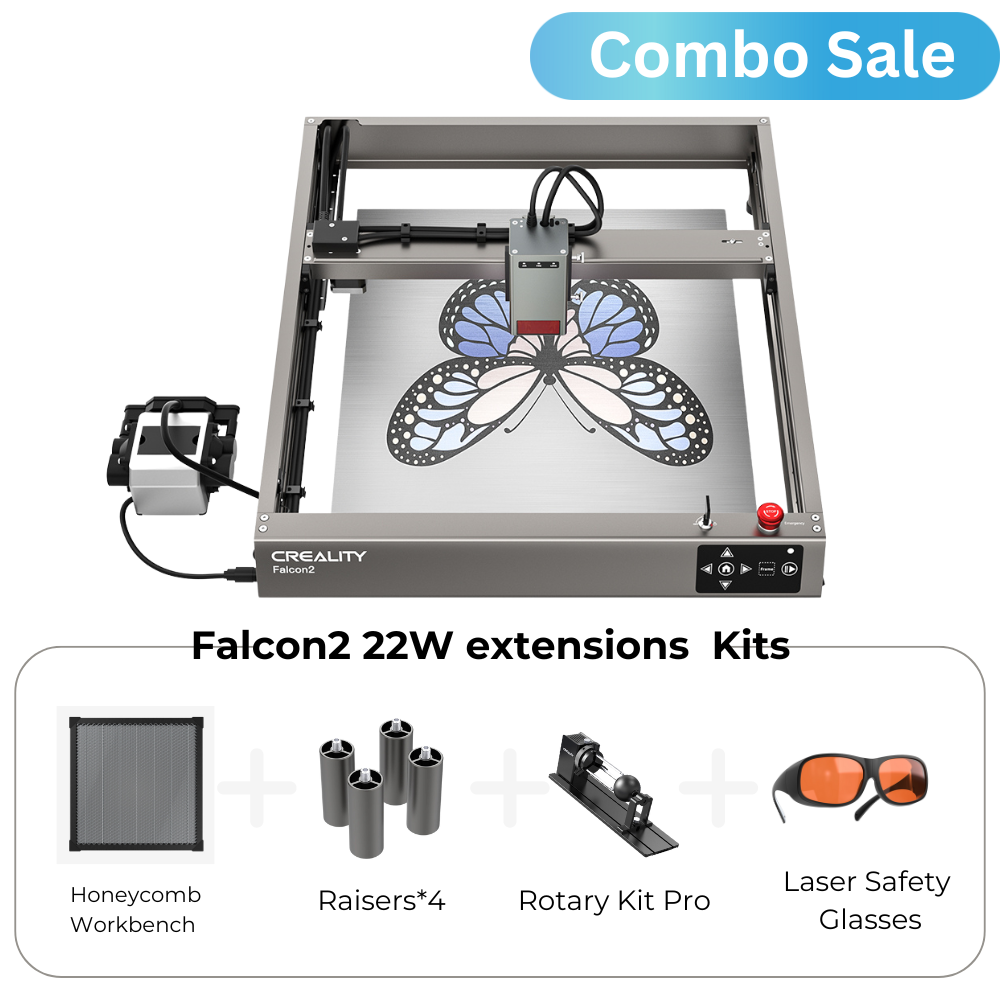 An image showcasing the CrealityFalcon 22W COMBO SALE Falcon2 Laser Engraver extension kits with a butterfly design on its work surface. The text "Combo Sale" is in the top right corner. Below the machine, there are images of accessories: a honeycomb workbench, raisers, a rotary kit pro, and laser safety glasses, perfect for your crafts.