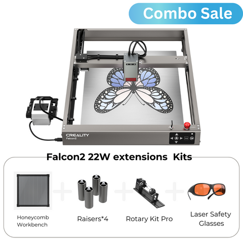 An image showcasing the CrealityFalcon 22W COMBO SALE Falcon2 Laser Engraver extension kits with a butterfly design on its work surface. The text "Combo Sale" is in the top right corner. Below the machine, there are images of accessories: a honeycomb workbench, raisers, a rotary kit pro, and laser safety glasses, perfect for your crafts.
