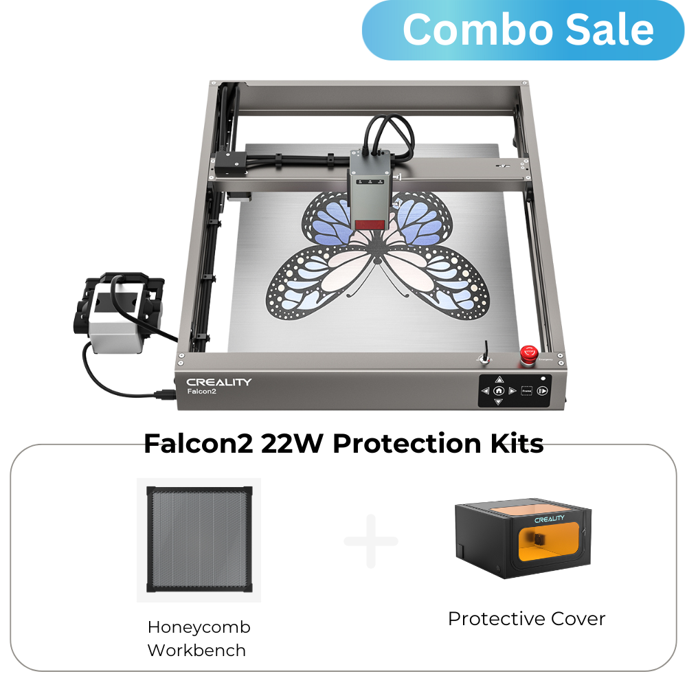Image of a 22W COMBO SALE Falcon2 Laser Engraver protection kits with a butterfly design being meticulously engraved on a metal surface. The photo showcases the CrealityFalcon's precision, featuring a "Combo Sale" banner alongside the engraving machine, honeycomb workbench, and protective cover from the protection kit.