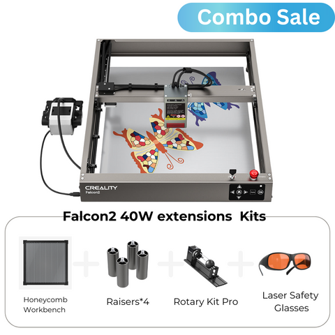 Image shows a 22W COMBO SALE Falcon2 Laser Engraver extension kits by CrealityFalcon. The top half depicts machine parts with an engraved butterfly design and the text "Combo Sale". The bottom half lists components: Honeycomb Workbench, Raisers*4, Rotary Kit Pro, and Laser Safety Glasses – perfect for precision crafts.
