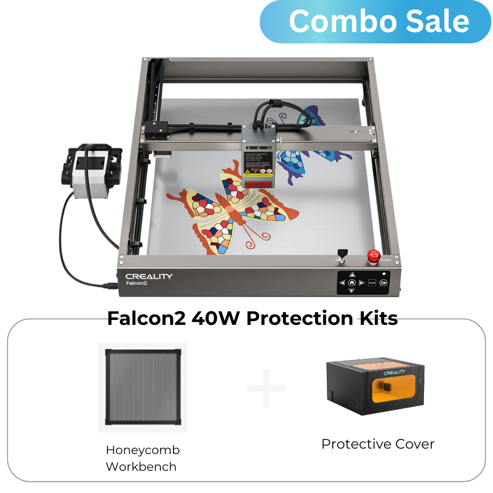 Image of a promotional advertisement for the 22W COMBO SALE Falcon2 Laser Engraver protection kits being sold as a combo sale. The ad features an image of the laser engraver, displaying a laser-engraved butterfly design for crafts enthusiasts. Below, images of a honeycomb workbench and a protective cover are shown. #CrealityFalcon