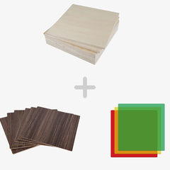 A stack of light-colored Basswood Plywood Sheets is displayed at the top, with a plus sign in the middle. Below the plus sign, there are a few dark Mega Pack for Creality Falcon Laser Engraving/Cutting Machine 8*8'' Walnut Plywood Sheets Materials on the left and a stack of four colored translucent sheets (green, yellow, red, and orange) on the right.