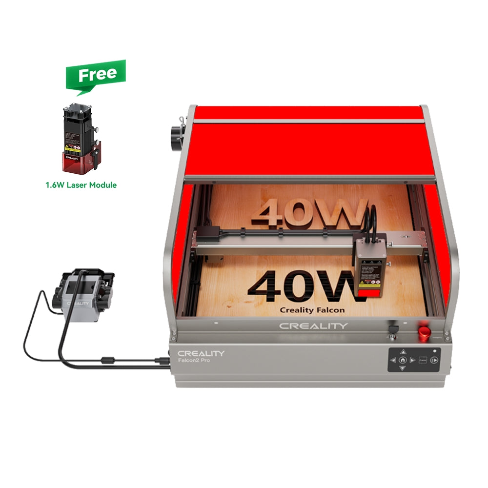 Image of the Creality Falcon2 Pro laser engraving machine. The sleek device, branded as a Creality Falcon, features a Class 1 Safety red cover and wooden base with "40W" elegantly engraved. It includes a complimentary 1.6W laser module and boasts user-friendly control buttons, showcasing seamless visual assistance and precise wiring design.