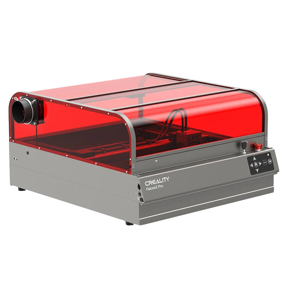 The Creality Falcon Falcon2 Pro 40W and 22W Enclosed Laser Engraver and Cutter provides creative freedom with a sleek metal base, transparent red protective cover, and a control panel with buttons and a knob. It's Class 1 Safety certified for precision laser engraving and cutting.