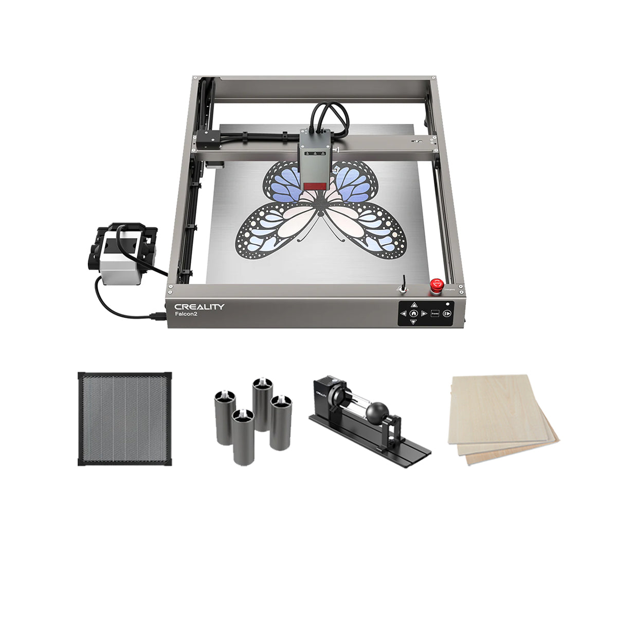 The Creality Falcon2 22W Laser Engraver and Cutter Bundle Extension Kits, featuring a stylish butterfly-inspired design, come with a honeycomb workbench for enhanced stability. The bundle includes additional components: a ventilation grid, three cylindrical rods, a rotary tool attachment, and two wooden panels that are ideal for precise engraving on curved surfaces.