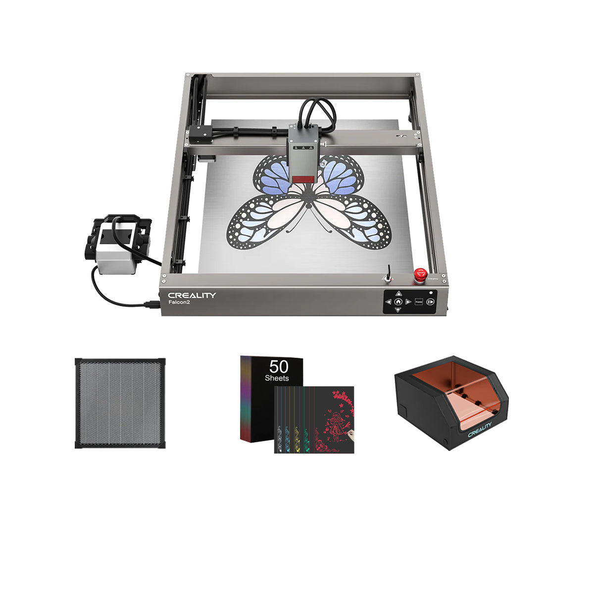 A Creality Falcon2 22W Laser Engraver and Cutter with an open-frame design showcasing a detailed butterfly pattern, offering extensive compatibility. Below are a metal mesh, a pack of 50 paper sheets, and a black and brown box. This engraver boasts a sleek metallic look with Creality Falcon branding and integrated air assist for superior precision.