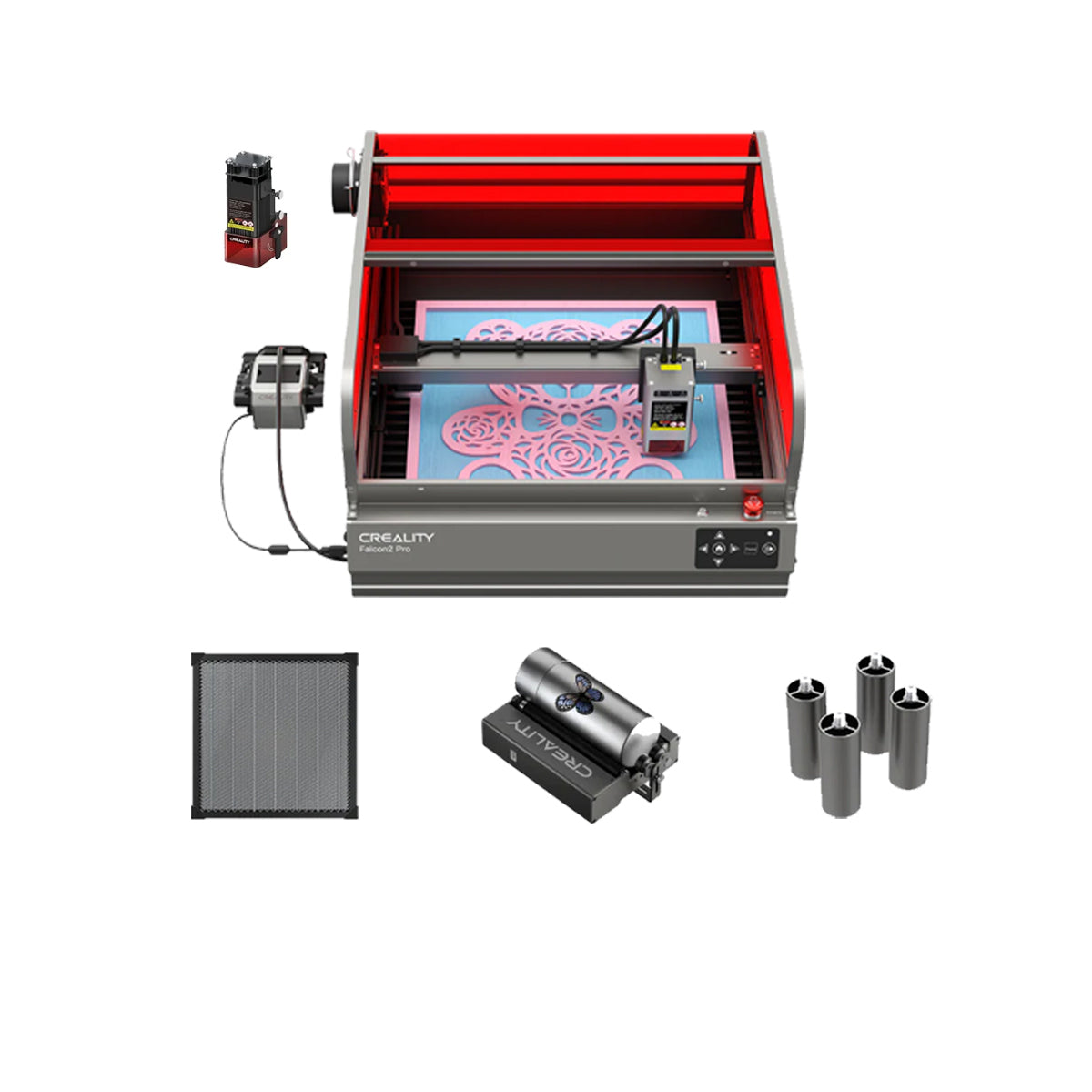 The Creality Falcon's Falcon2 Pro 40W and 22W Enclosed Laser Engraver and Cutter, featuring a red frame, demonstrates excellent precision in laser engraving on blue surfaces. It includes components such as four cylindrical objects, a square grid-like piece, a motorized device, and a small box labeled "CREALITY," all meeting Class 1 safety standards.