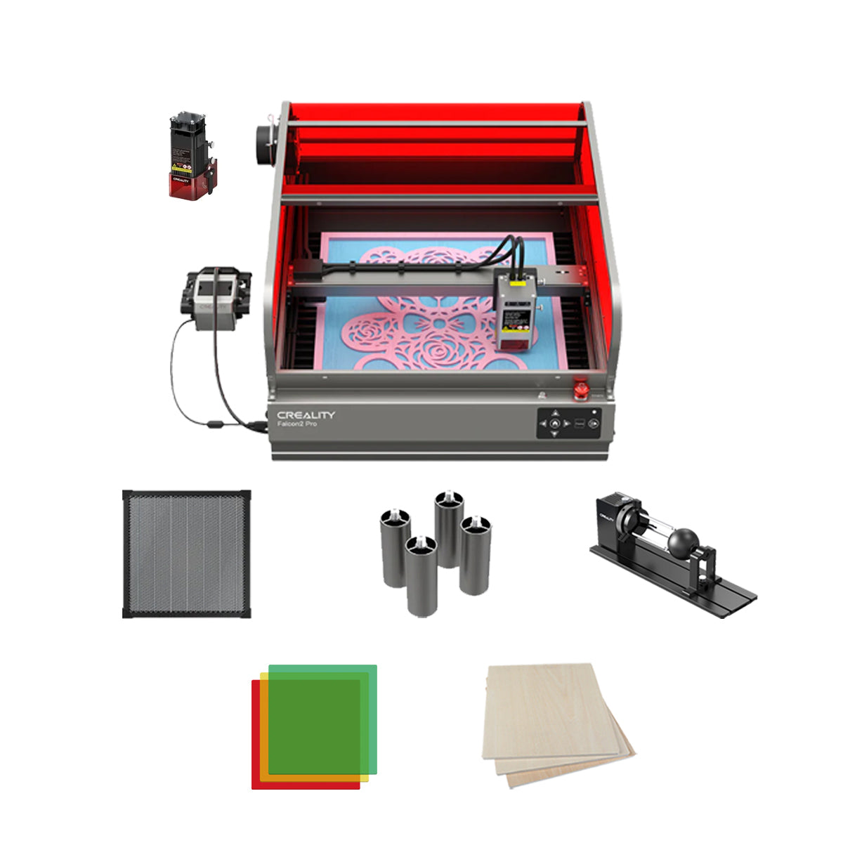 The Creality Falcon2 Pro 40W and 22W Enclosed Laser Engraver and Cutter, featuring a red and gray frame, offers a central printing area for creating intricate designs. This Class 1 safety-rated station is equipped with laser engraving capabilities and includes spools, materials, and a carving tool on the side. A variety of accessories and colored sheets are conveniently arranged around the setup.
