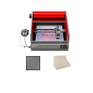 The Creality Falcon Falcon2 Pro 40W and 22W Enclosed Laser Engraver and Cutter, with a striking red frame, features an intricate design and a spacious cutting area. Adhering to Class 1 Safety standards, it includes a separation grid and two wooden side panels, all presented against a plain white backdrop.