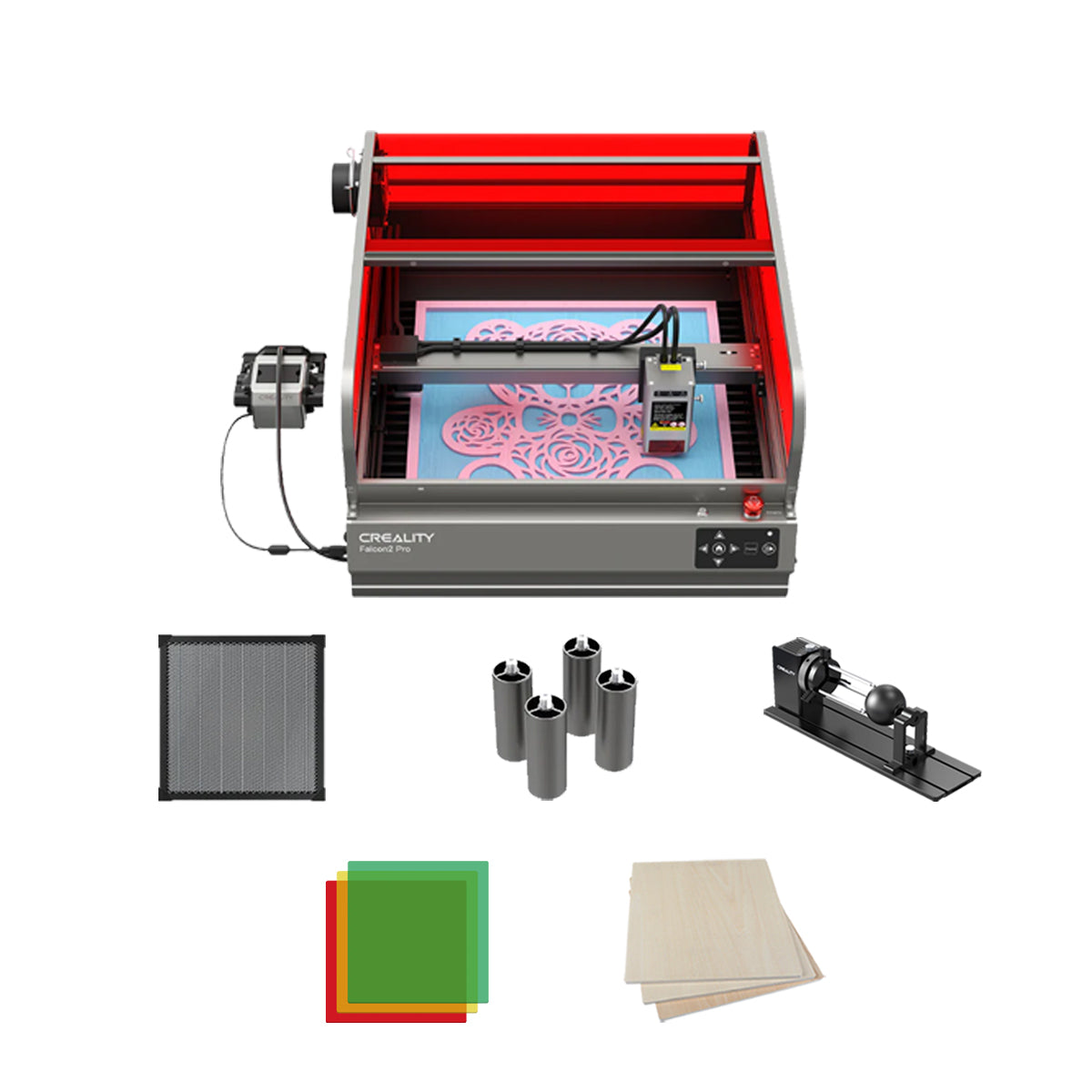 The Falcon2 Pro 40W and 22W Enclosed Laser Engraver and Cutter by Creality Falcon, featuring a striking red enclosure, is presented with its accessories: a metal grid, cylindrical metal fixtures, colored acrylic sheets, wooden sheets, and a rotary tool for working on cylindrical objects. This Class 1 Safety device provides optimal visual assistance during use.