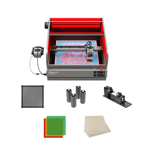 The Falcon2 Pro 40W and 22W Enclosed Laser Engraver and Cutter by Creality Falcon, featuring a striking red enclosure, is presented with its accessories: a metal grid, cylindrical metal fixtures, colored acrylic sheets, wooden sheets, and a rotary tool for working on cylindrical objects. This Class 1 Safety device provides optimal visual assistance during use.