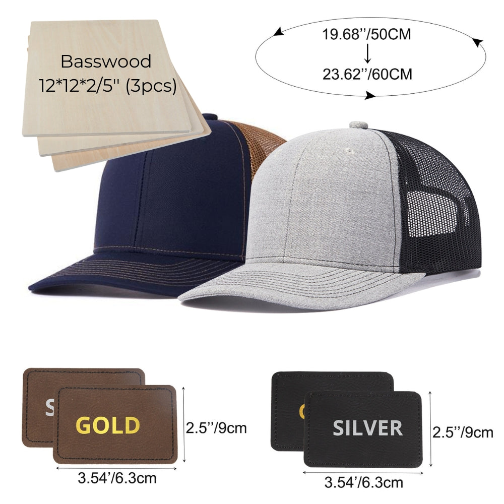 The image showcases two "2 pcs Adjustable Mesh Trucker Hats" from CrealityFalcon—one in black and brown, the other in grey and black. Additionally, it includes four cap stickers labeled "GOLD" and "SILVER." Above these items, there are three basswood pieces for engraving, each measuring 12"x12"x2/5", as well as an oval diagram with dimensions 19.68" by 23.62". Perfect for creating a personalized gift or adding custom designs to your leather cap.