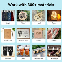 An image showcasing a range of materials that can be personalized or engraved, including examples on acrylic, wood, metal, paper, cardboard, stainless steel, leather, rubber, tumblers, glassware like wine glasses and baseball bats. Each item demonstrates the high precision and user-friendly operation of the CrealityFalcon CR-Laser Falcon 10W Laser Engraver.