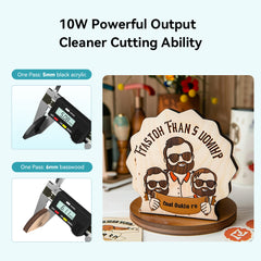 A promotional image highlighting the high precision performance of the CR-Laser Falcon 10W Laser Engraver by CrealityFalcon. It features a wooden plaque with three cartoon figures and text, along with calipers showing measurements for clean cuts in 5mm black acrylic and 6mm basswood, illustrating the laser engraver’s precision and easy operation.