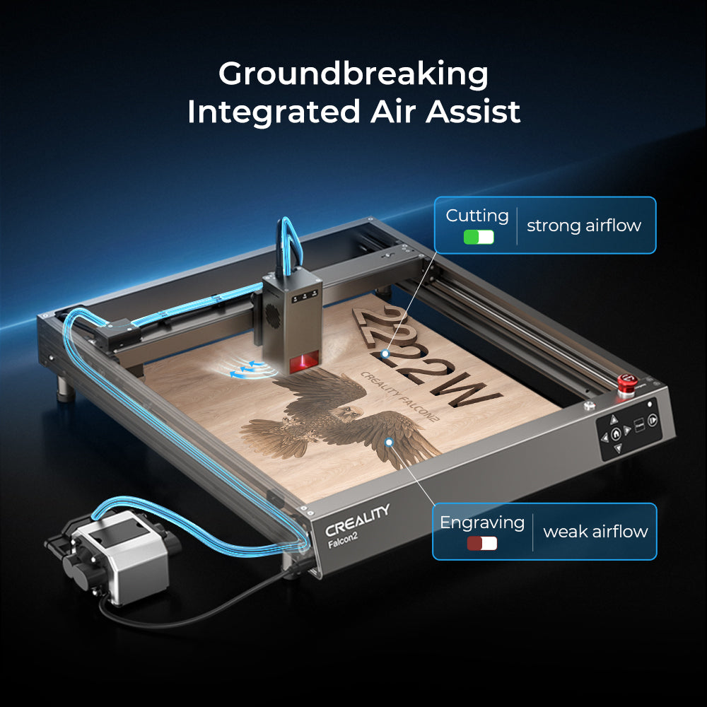 An image of a CrealityFalcon Falcon2 22W Laser Engraver and Cutter in action, highlighting its robust 22W cutting power. The machine is engraving a design onto a wooden surface. Labels detail the usage of "strong airflow" for cutting and "weak airflow" for engraving, emphasizing the integrated air assist feature of the machine.