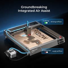 An image of a CrealityFalcon Falcon2 22W Laser Engraver and Cutter in action, highlighting its robust 22W cutting power. The machine is engraving a design onto a wooden surface. Labels detail the usage of "strong airflow" for cutting and "weak airflow" for engraving, emphasizing the integrated air assist feature of the machine.