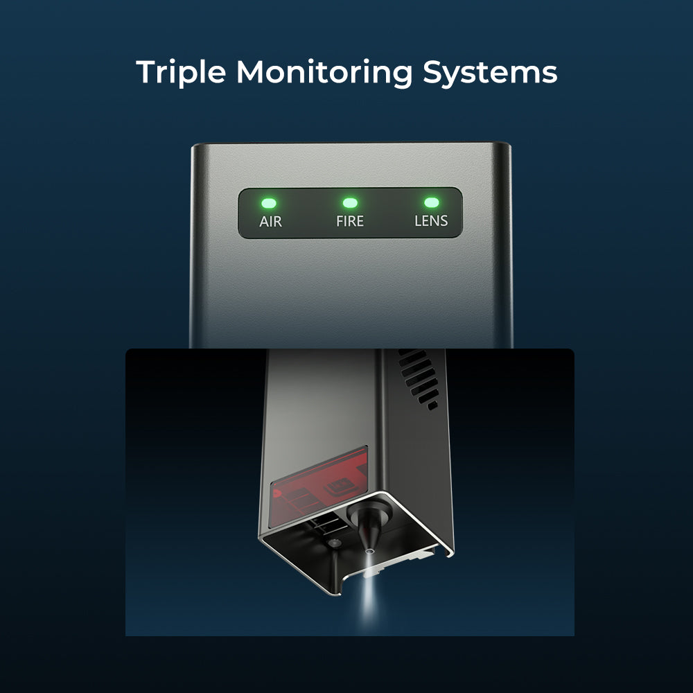 A device is shown with three green indicator lights labeled "AIR," "FIRE," and "LENS." Below the device, a close-up image highlights the bottom part of the unit, showcasing a small light and vent. Text above reads "CrealityFalcon Falcon2 22W Laser Engraver and Cutter with Triple Monitoring Systems and Integrated Air Assist for 22W Cutting Power.