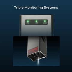 A device is shown with three green indicator lights labeled "AIR," "FIRE," and "LENS." Below the device, a close-up image highlights the bottom part of the unit, showcasing a small light and vent. Text above reads "CrealityFalcon Falcon2 22W Laser Engraver and Cutter with Triple Monitoring Systems and Integrated Air Assist for 22W Cutting Power.