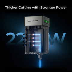 Image of the Falcon2 22W Laser Engraver and Cutter by CrealityFalcon with a glowing blue light, demonstrating its capability to cut 6mm thick materials with 22W Cutting Power. The text at the top reads, "Thicker Cutting with Stronger Power." Featuring Integrated Air Assist, the machine is designed for enhanced precision and efficiency.