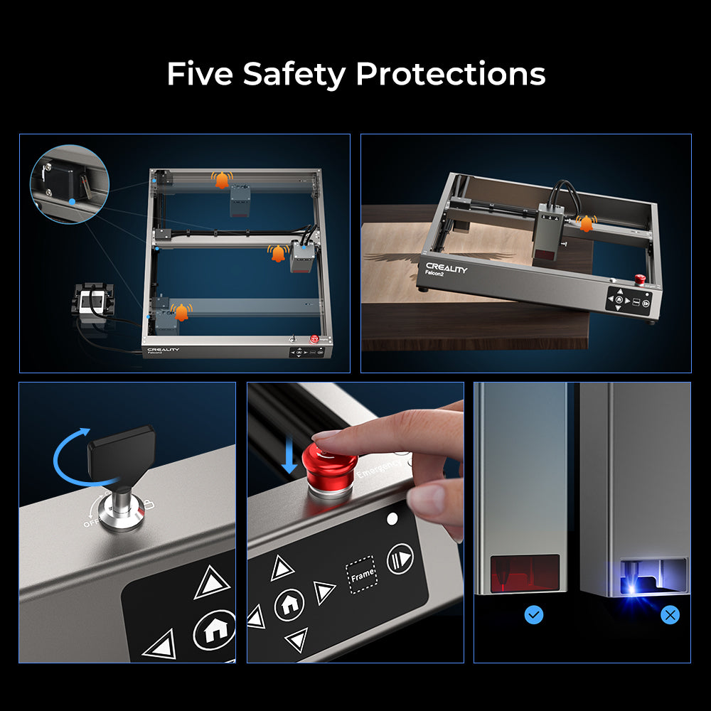 A collage titled "Five Safety Protections" showcases the robust features of the Falcon2 22W Laser Engraver and Cutter by CrealityFalcon. Images include close-ups of a lock, emergency stop button, control panel, and an illuminated power switch. The engraver frame and a zoomed view of key parts are also visible, highlighting its extensive compatibility.