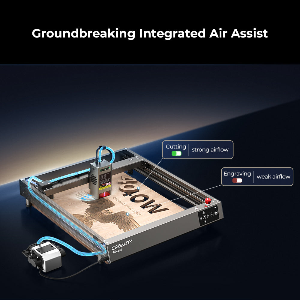 The CrealityFalcon Falcon2 40W Laser Engraver and Cutter features groundbreaking integrated air assist technology and a powerful 40W laser engraver. The image highlights strong airflow for cutting at an impressive speed of 25000mm/min and weak airflow for engraving, as the machine actively carves a detailed design from a wooden sheet.