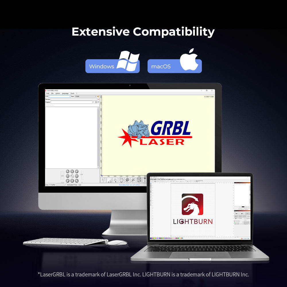 An advertisement showcases a desktop computer and a laptop displaying "GRBL Laser" and "LightBurn" software for laser engraving. Above the computers, Windows and macOS logos are displayed with the text "Extensive Compatibility." Perfect for use with CrealityFalcon's Falcon2 40W Laser Engraver and Cutter, which boasts advanced safety measures.