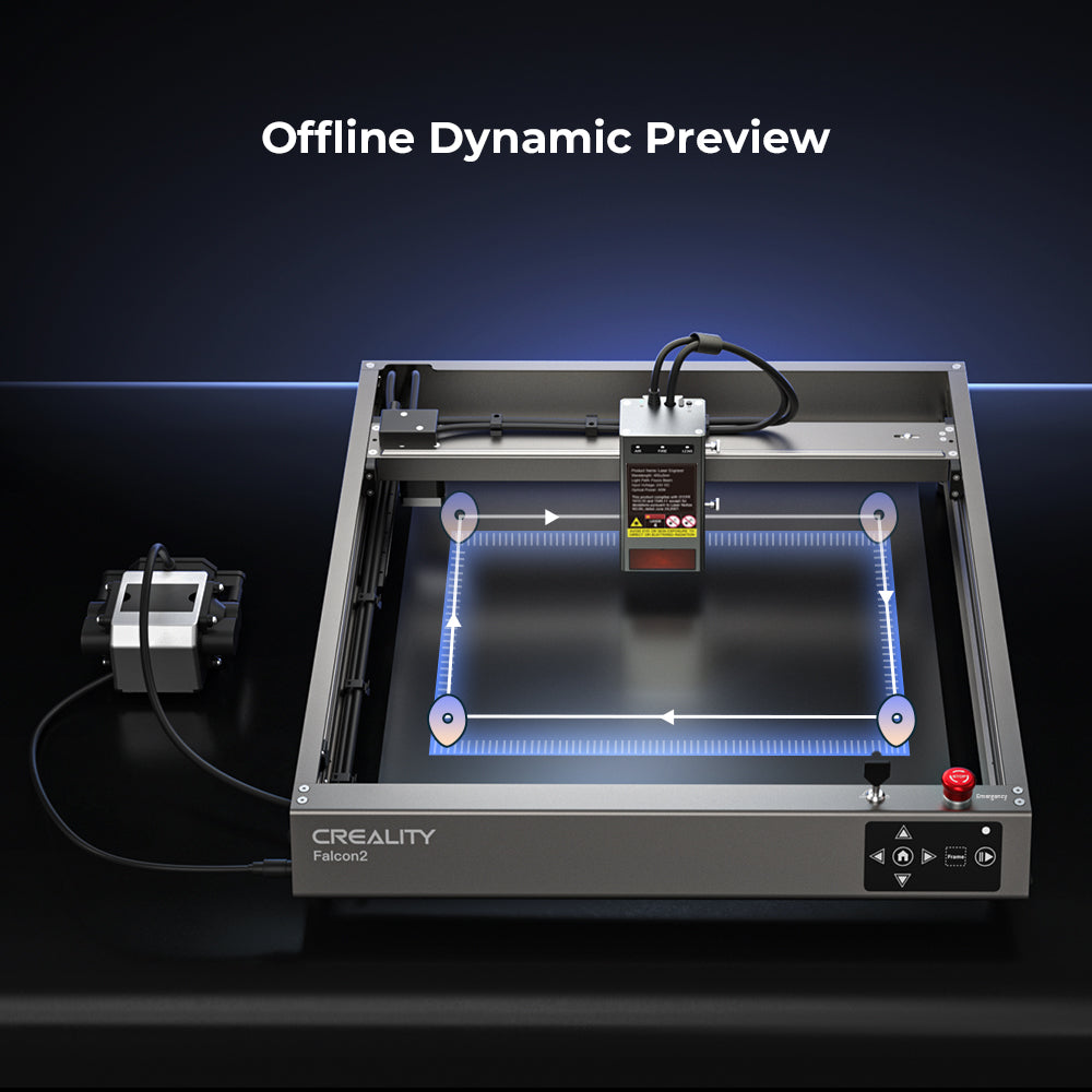 A CrealityFalcon Falcon2 40W Laser Engraver and Cutter is shown with a highlighted engraving area, displaying the "Offline Dynamic Preview" feature. The device boasts a sleek design with control buttons on the front panel and an attached external module. Notably, this model also includes advanced safety measures for user protection.