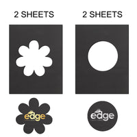 A part of the Halloween Crafting Bundle by Creality Falcon includes four black stencil sheets, two showcasing flower-shaped cutouts and two featuring circular designs with a style similar to elaborate brown wood carvings. Accompanying them are two black stickers, one in the shape of a flower and the other circular, both adorned with the word "edge.