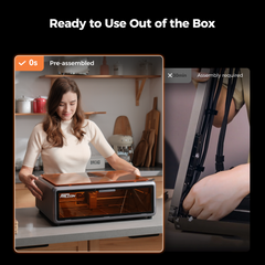 Image split: a woman smiles at the pre-assembled Falcon A1 10W Enclosed Laser Engraver and Cutter on one side, while hands assemble a CoreXY printer on the other. Text reads "Ready to Use Out of the Box" with "0s Pre-assembled" on the left and "30min Assembly Required" on the right.