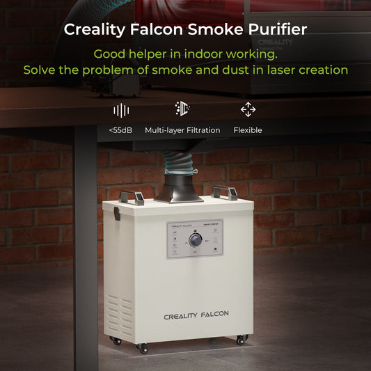 The Creality Falcon Smoke Purifier by Creality Falcon is ideal for indoor work, fitting under tables with flexible ducting. It offers noise levels below 55dB and features multi-layer filtration, efficiently managing smoke and dust during laser crafting.